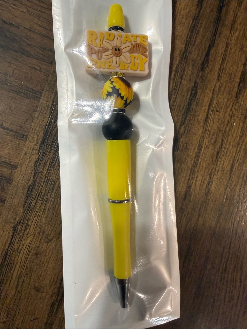 Yellow Sunflower Resin Ballpoint Pen with 'Radiate Positive Energy' Charm
